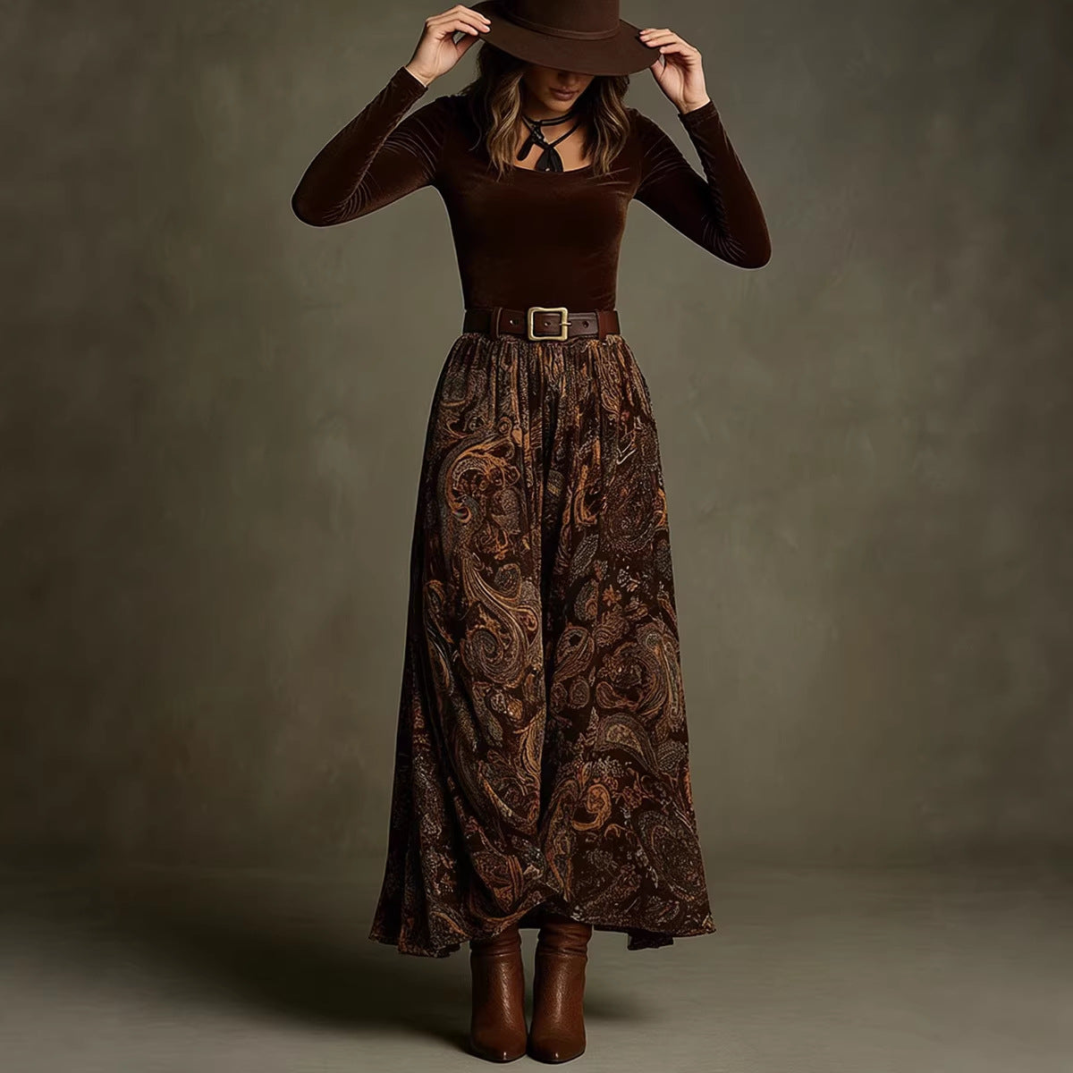 Women's Paisley Print Long Sleeve Skirt Set with Belt in Caramel - Image 2