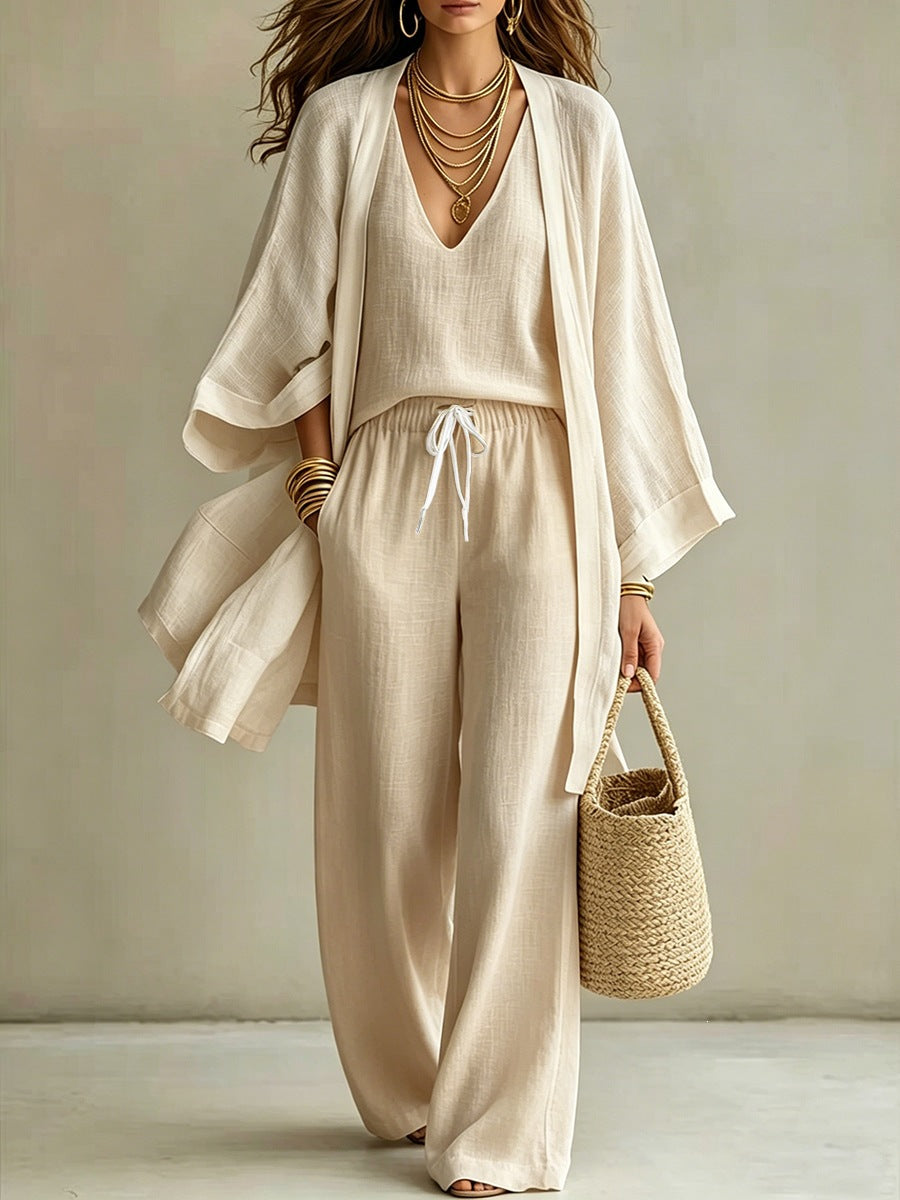 Women's 3-Piece Linen Loungewear Set: Cardigan, Vest & Wide-Leg Pants