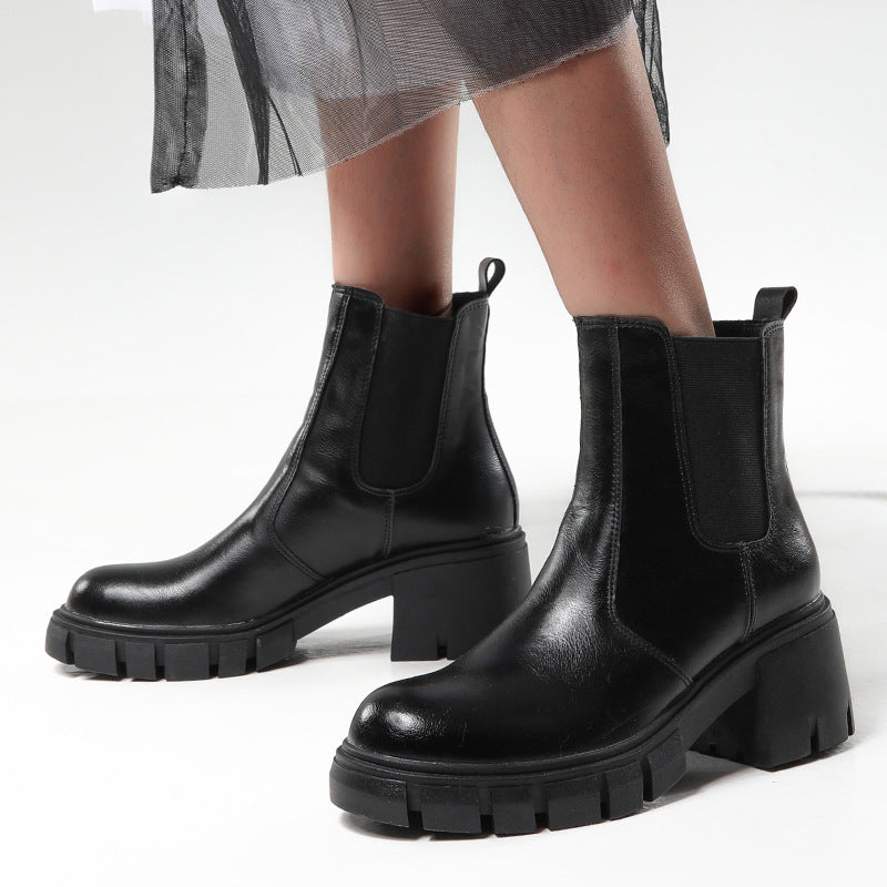 Women's Chunky Lug Sole Chelsea Boots - Black & Brown Platform - Image 4