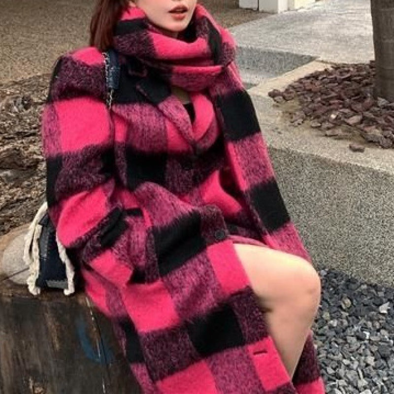 Women's Loose Fit Plaid Woolen Coat Long Harajuku Style Jacket - Image 4