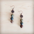 Frosted Picasso Jasper beads hanging from antique copper-tone floral discs on fish hook closures.