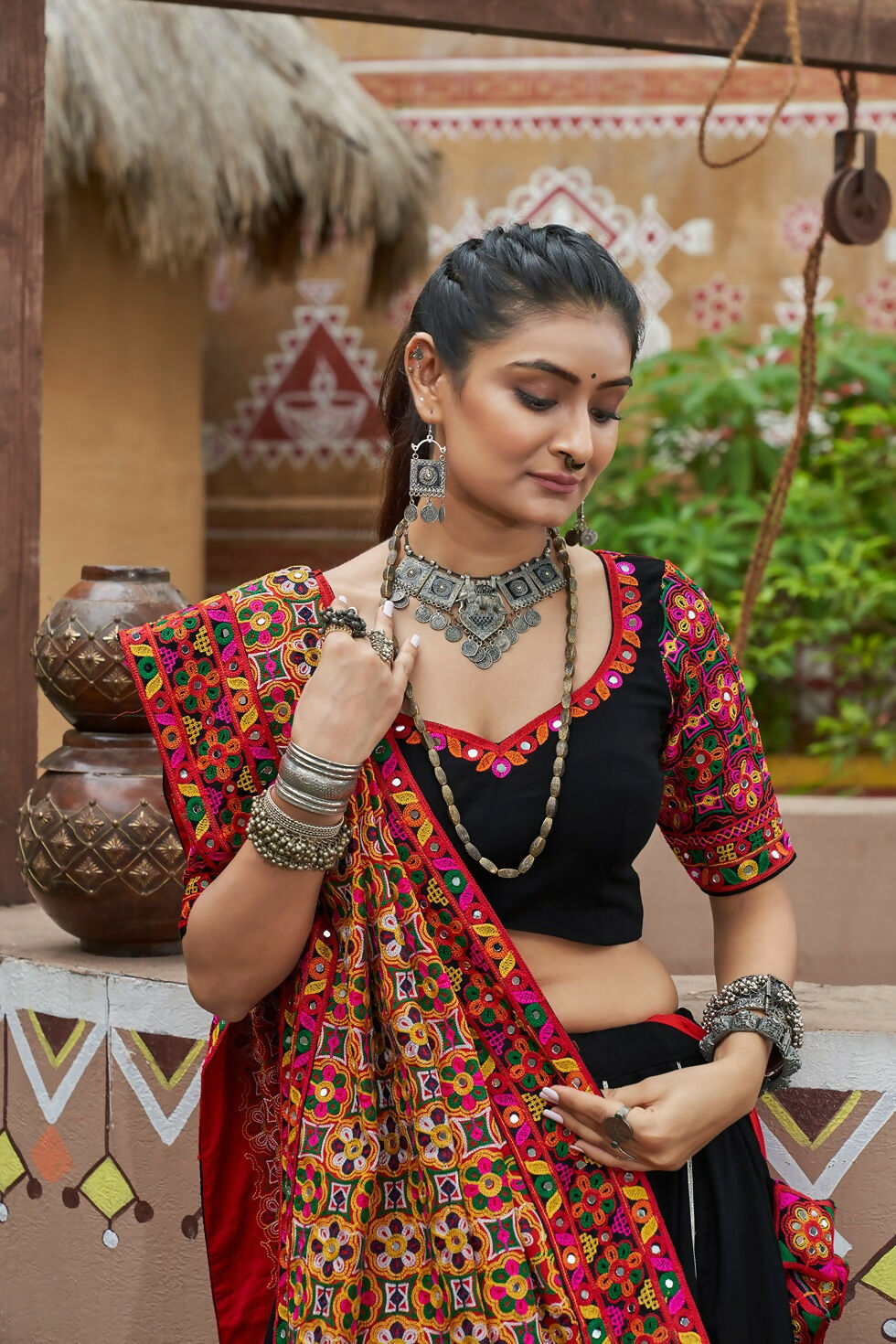 Black Viscose Rayon Designer Navratri Lehenga Choli