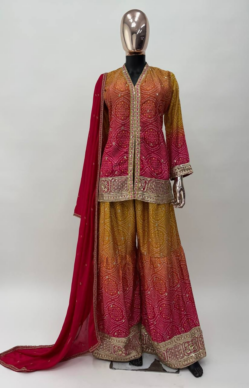 Yellow and Pink Chinon Embroidery Sequins Work Salwar Kameez