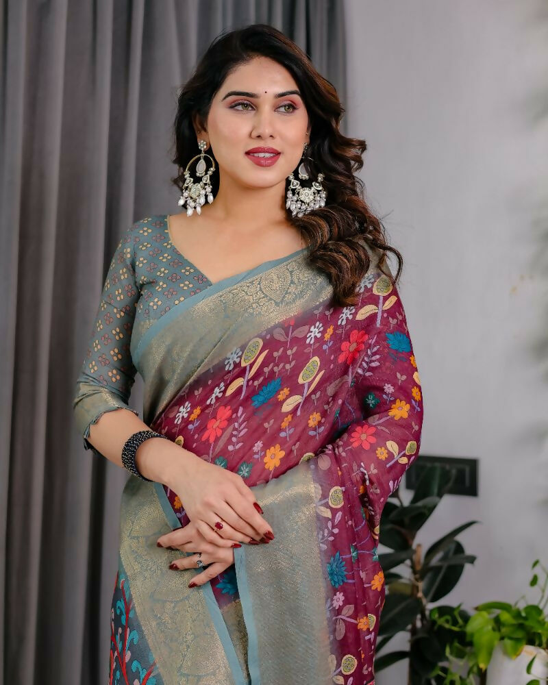 PR Fashion Purple Pure Handloom Linen Saree
