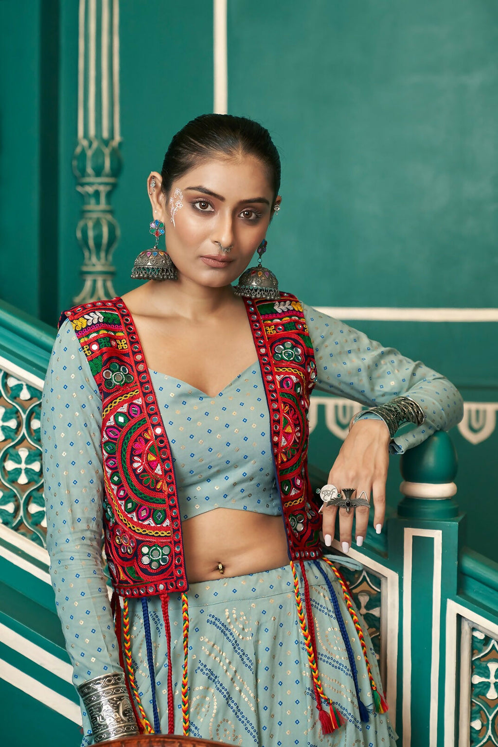 Pista Green Viscose Rayon Navratri Lehenga Choli Set