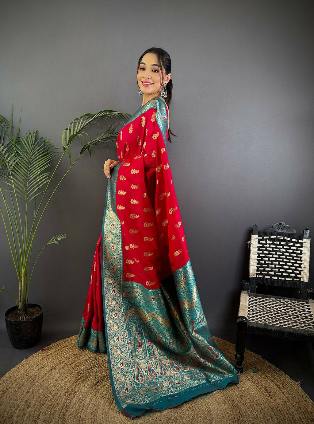 Red Banarasi Soft Silk Saree with Woven Butti Design
