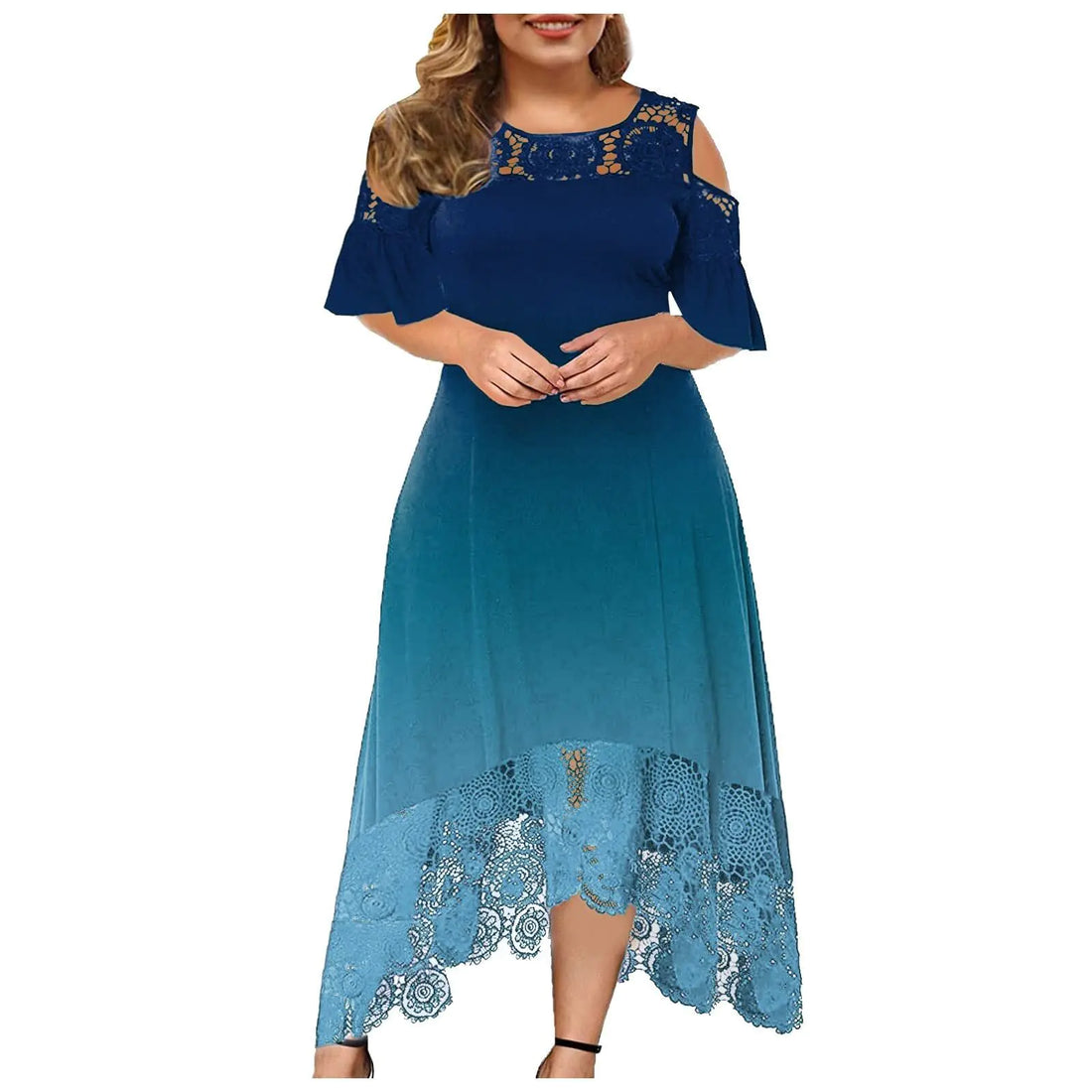 Women's Off-Shoulder Lace Trim Gradient High-Low Dress - Image 35