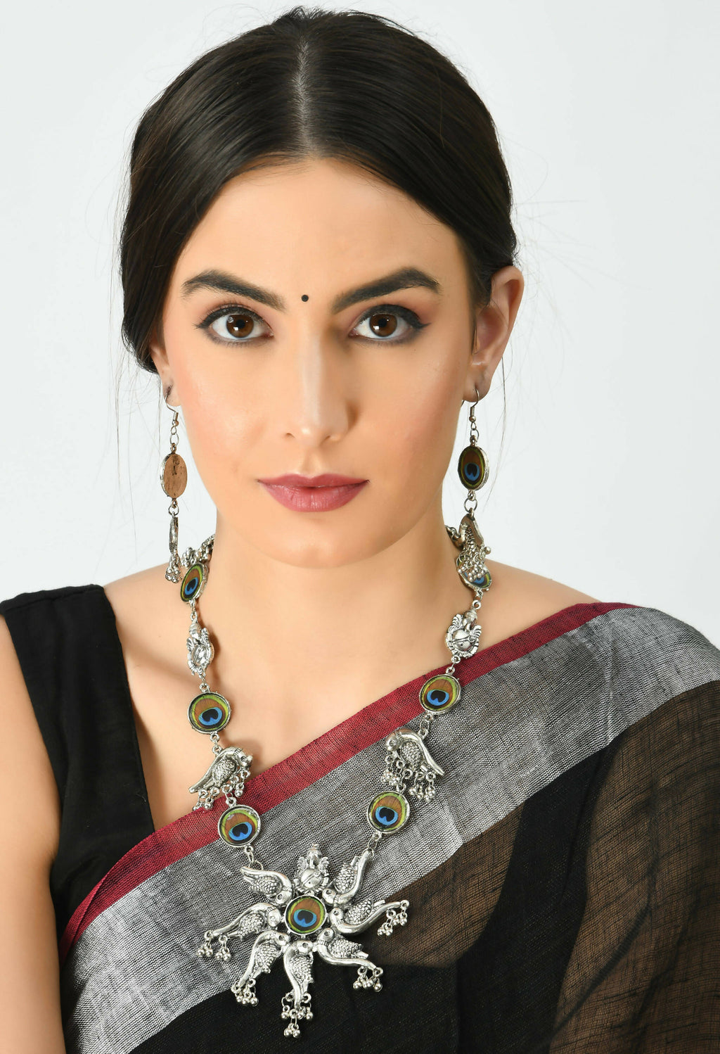 Peacock Design Oxidised Silver-Plated Long Necklace Set