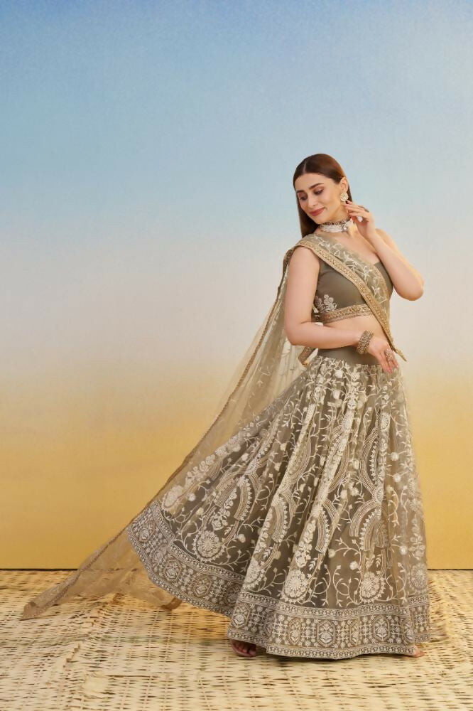 Ivory Butterfly Net Lehenga with Sequence and Thread Embroidery