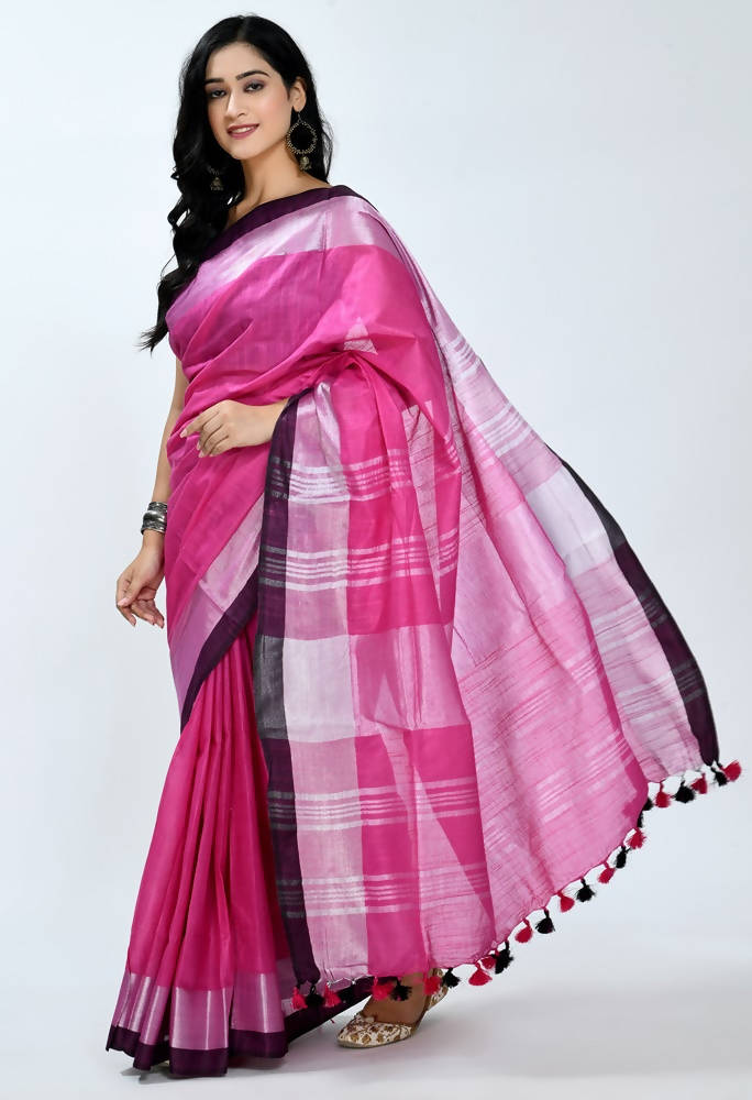 Pink Bhagalpuri Handloom Silk Saree with Contrast Black Blouse