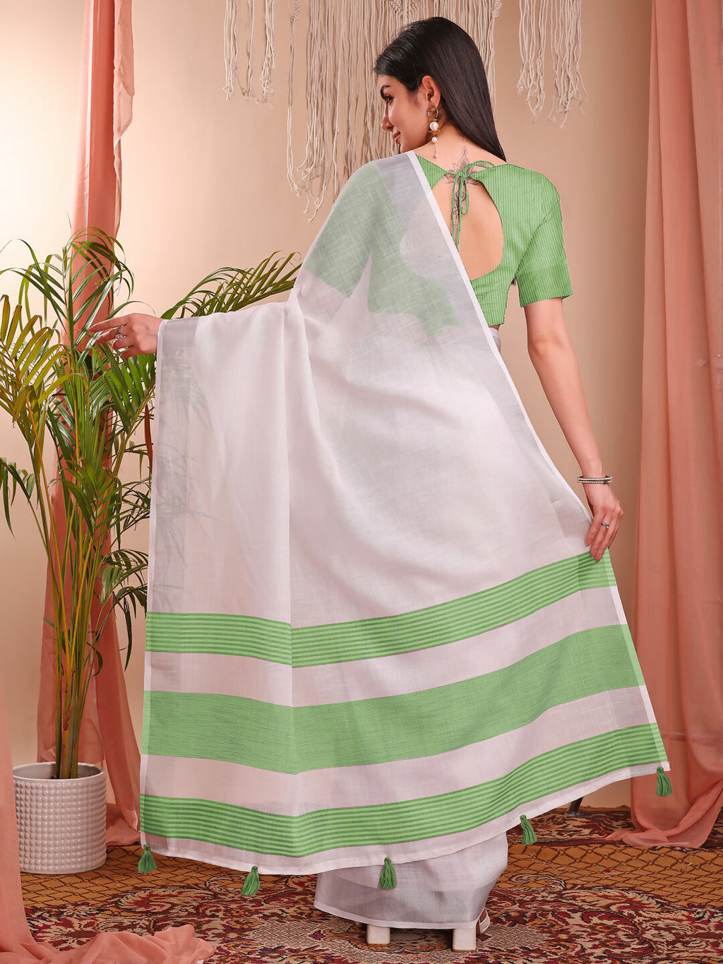 The White Loom White Linen Cotton Saree with Matching Blouse