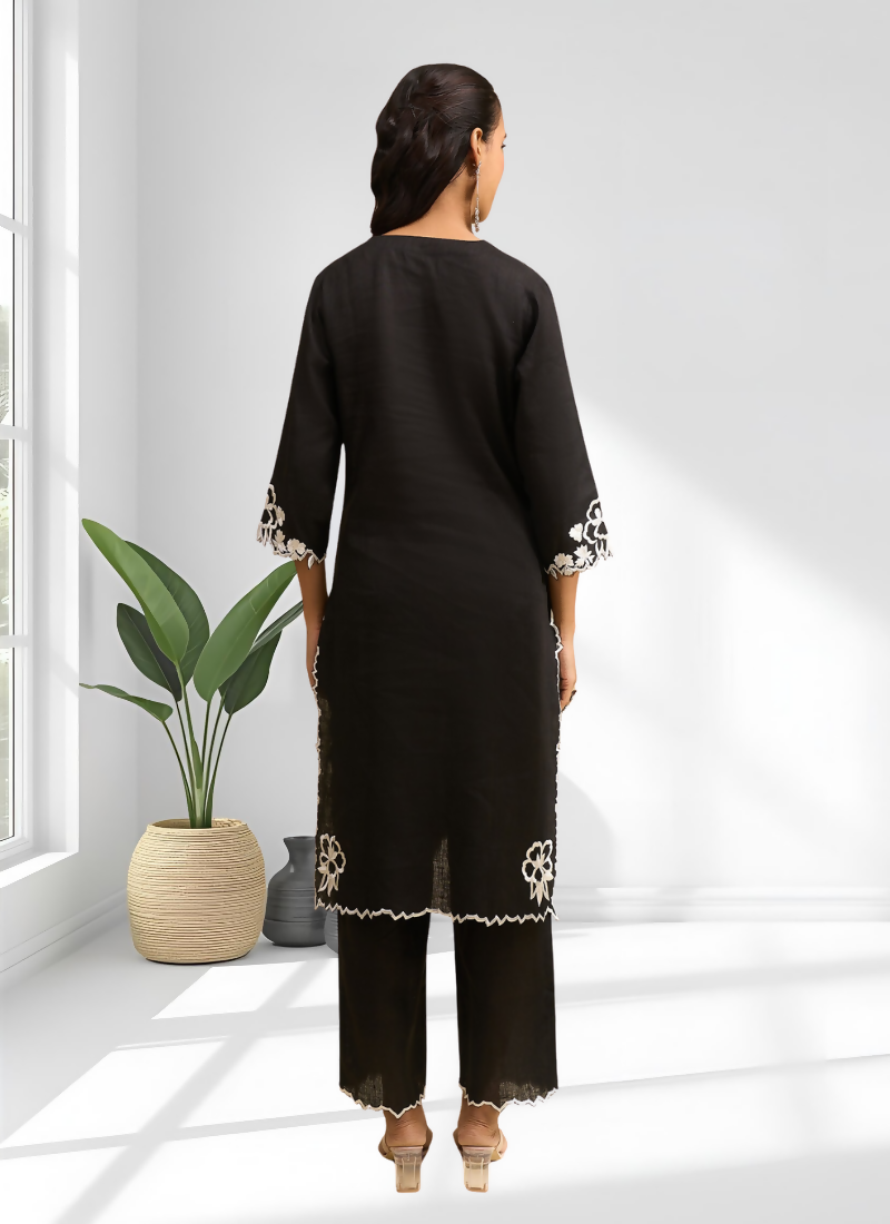 Black Embroidered Linen Long Kurta Set with Matching Pant