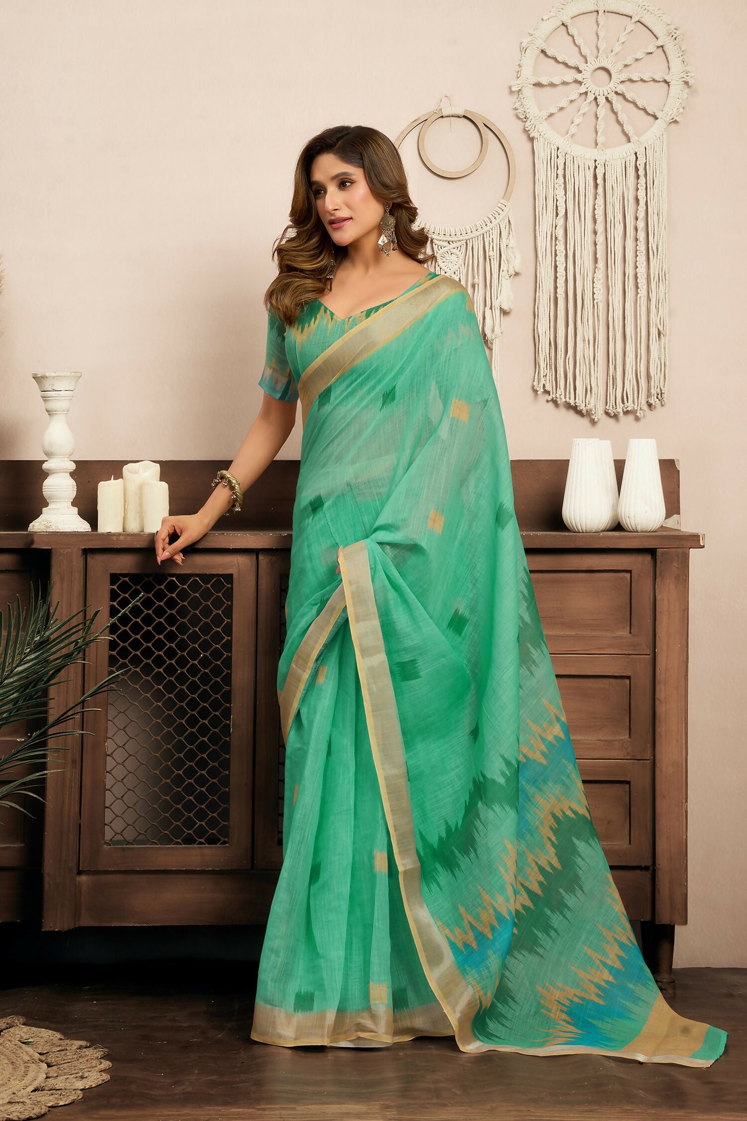 Teal Green Ikkat Linen Ready To Wear Saree with Blouse