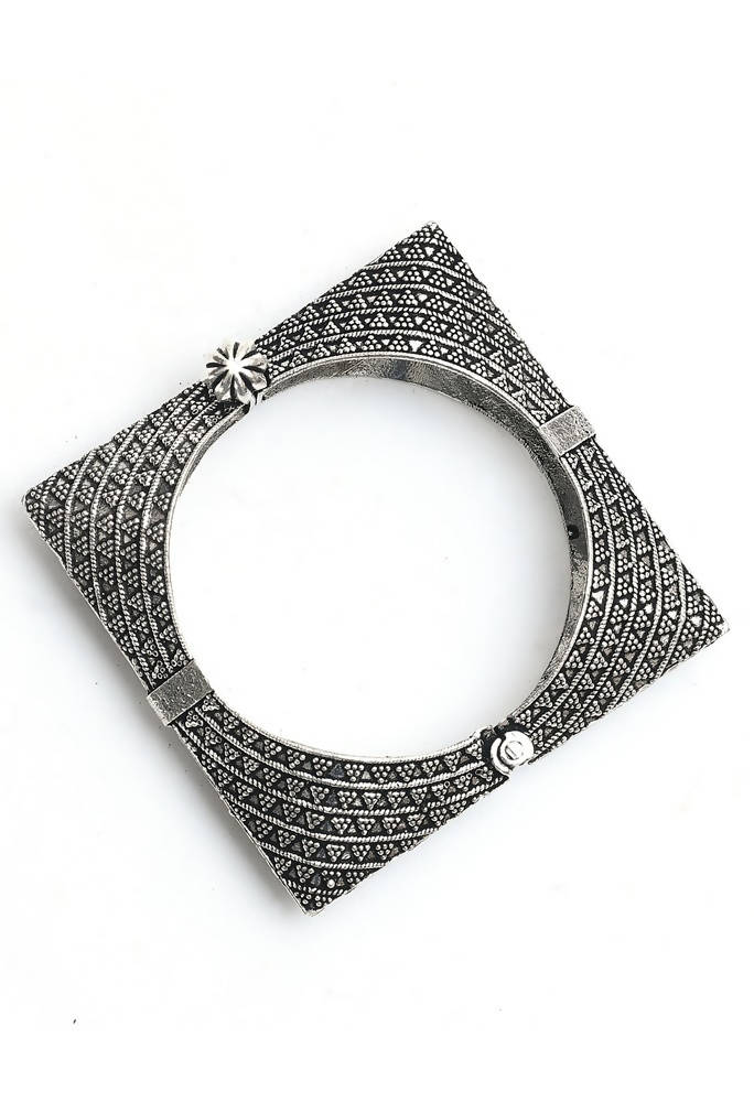 Handcrafted oxidised German silver-plated bracelet with intricate artisan detailing
