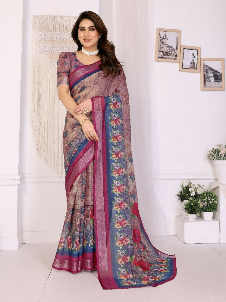 Purple Handloom Linen Cotton Zari Saree with Matching Blouse