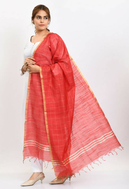 Red Cotton Zari Box Pattern Dupatta for Daily Ethnic Wear