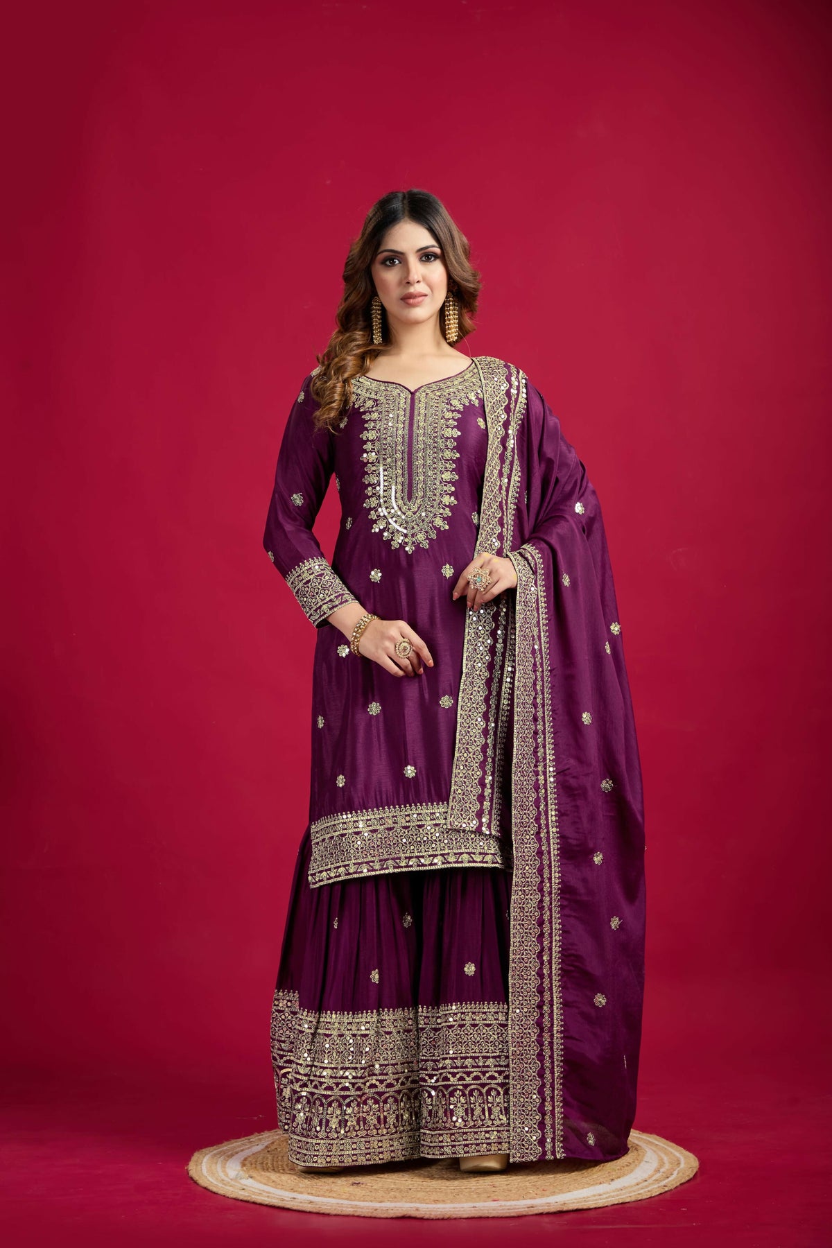 Violet Silk Kurta Set with Sequins, Zari & Thread Embroidery