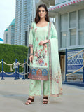 Green linen kurta set with digital print and foil detailing