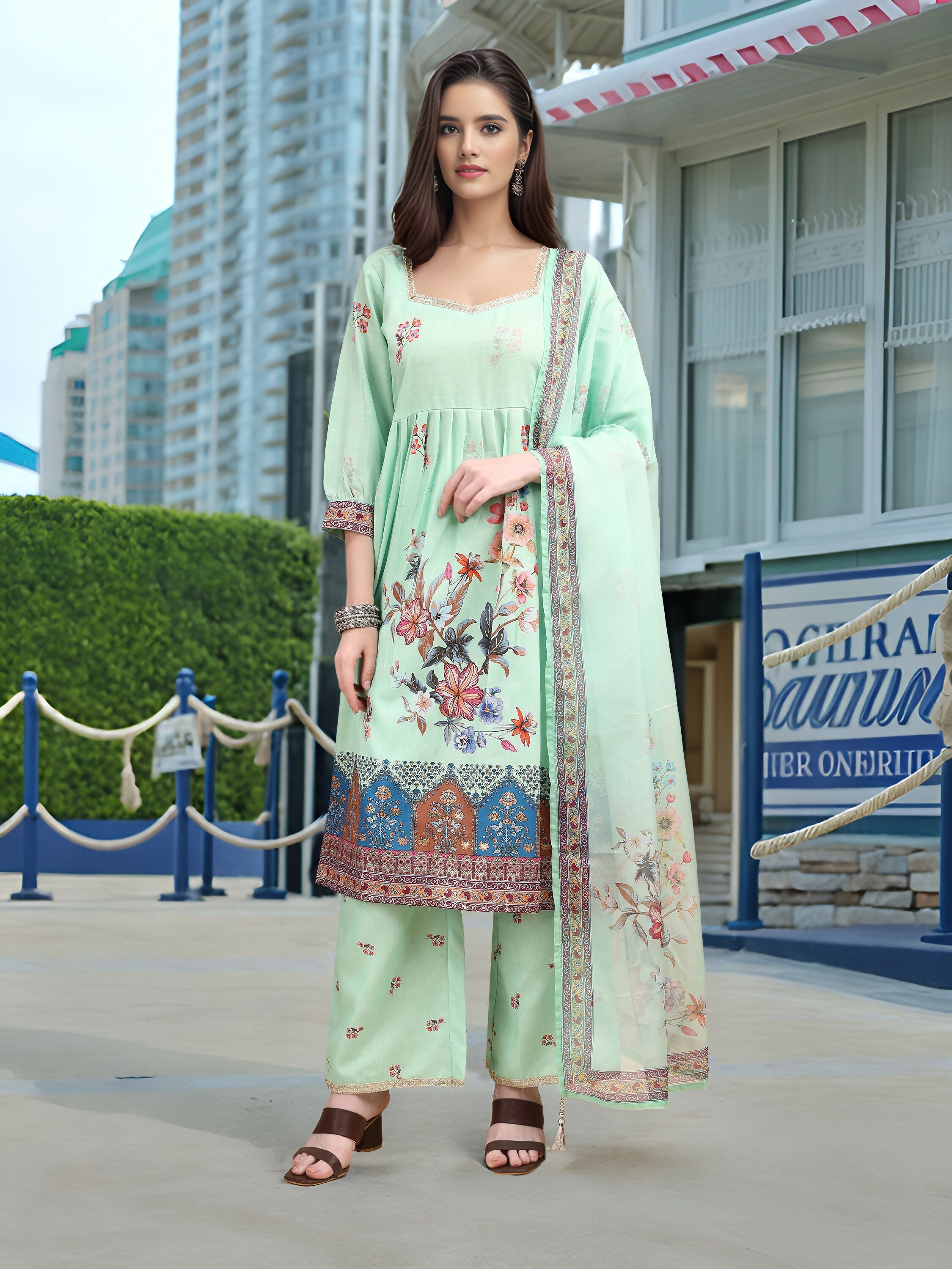 Green linen kurta set with digital print and foil detailing
