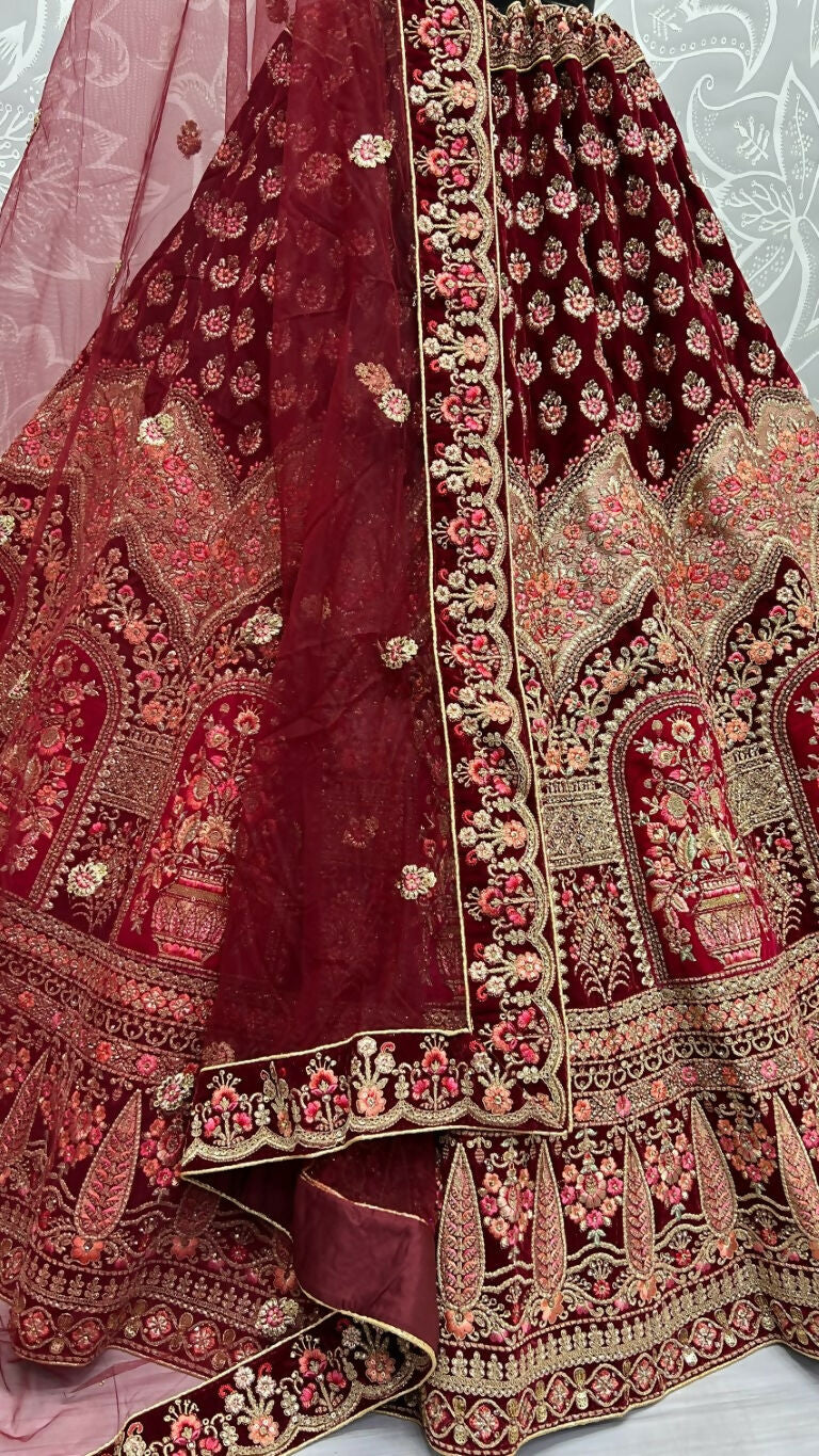 Maroon Velvet Embroidered Wedding Lehenga Choli with Zircon