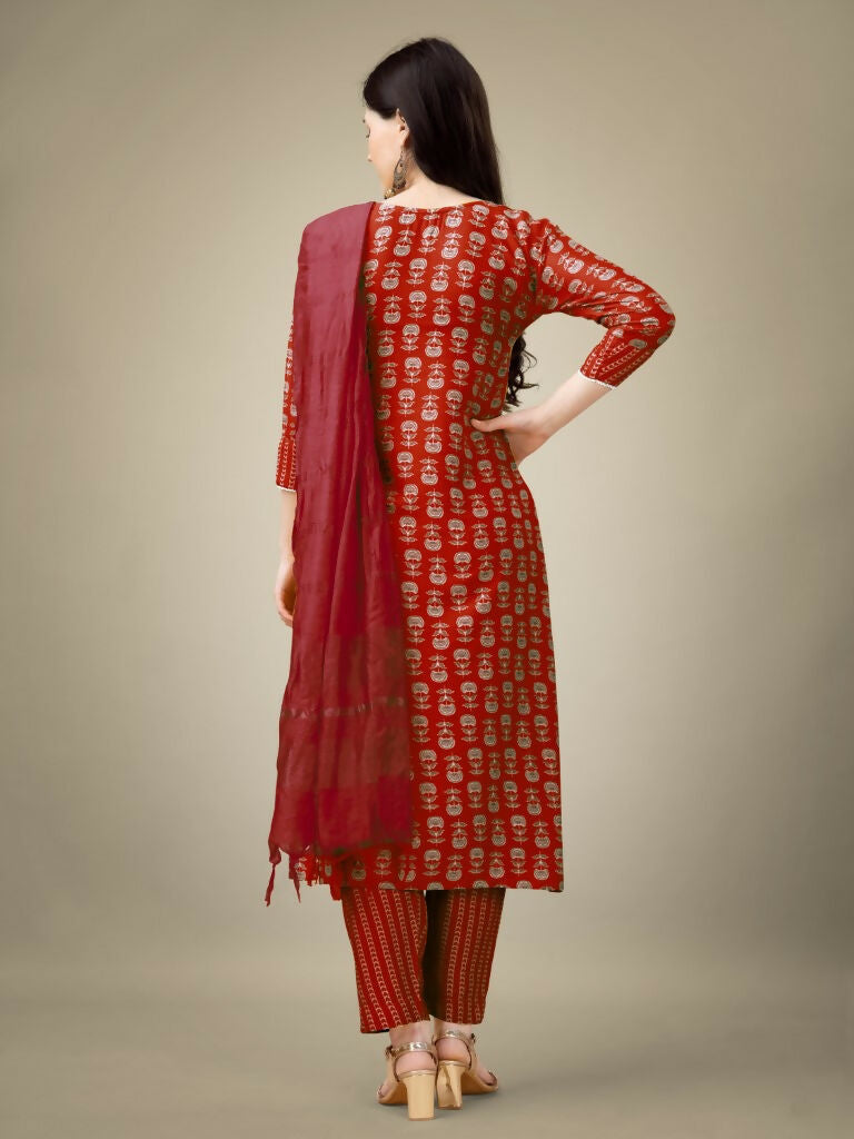Women's Maroon Rayon Embroidered Straight Kurta with Trouser & Dupatta