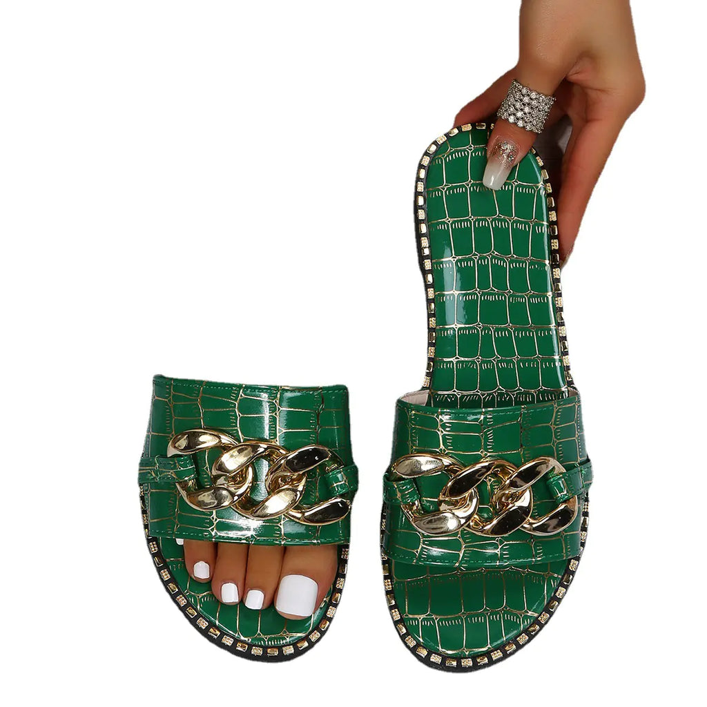 Women's Croc-Embossed Flat Slide Sandals with Gold Chain Detail - Image 5
