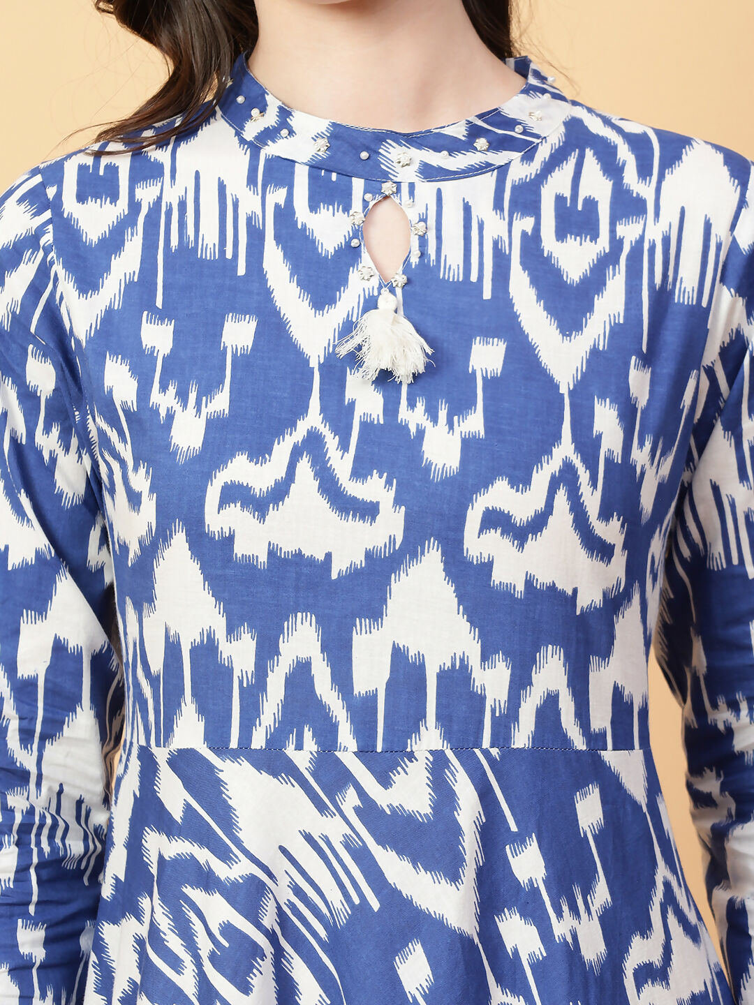Blue Cotton Printed Dress with Hand Work - Ethnic Fusion Style