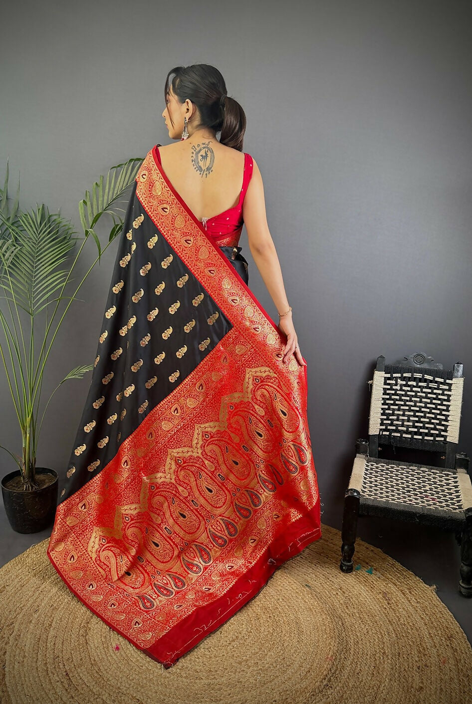 Black Banarasi Soft Silk Saree with Sophisticated Woven Butti