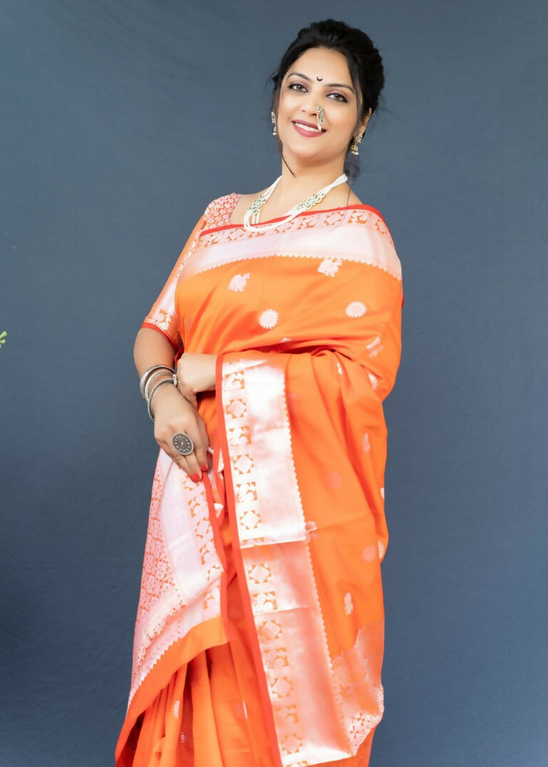 Orange Soft Banarasi Silk Zari Woven Saree with Blouse