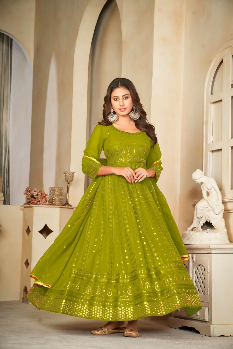 Mehendi Georgette Embroidered Anarkali Kurta Pant Set with Dupatta