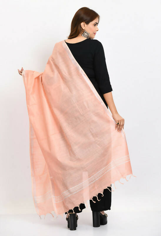 Peach Linen Cotton Dupatta with Silver Border