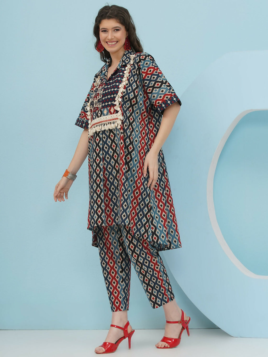 Blue and red cotton Ikkat print kaftan set with matching bottoms