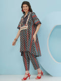 Blue and red cotton Ikkat print kaftan set with matching bottoms