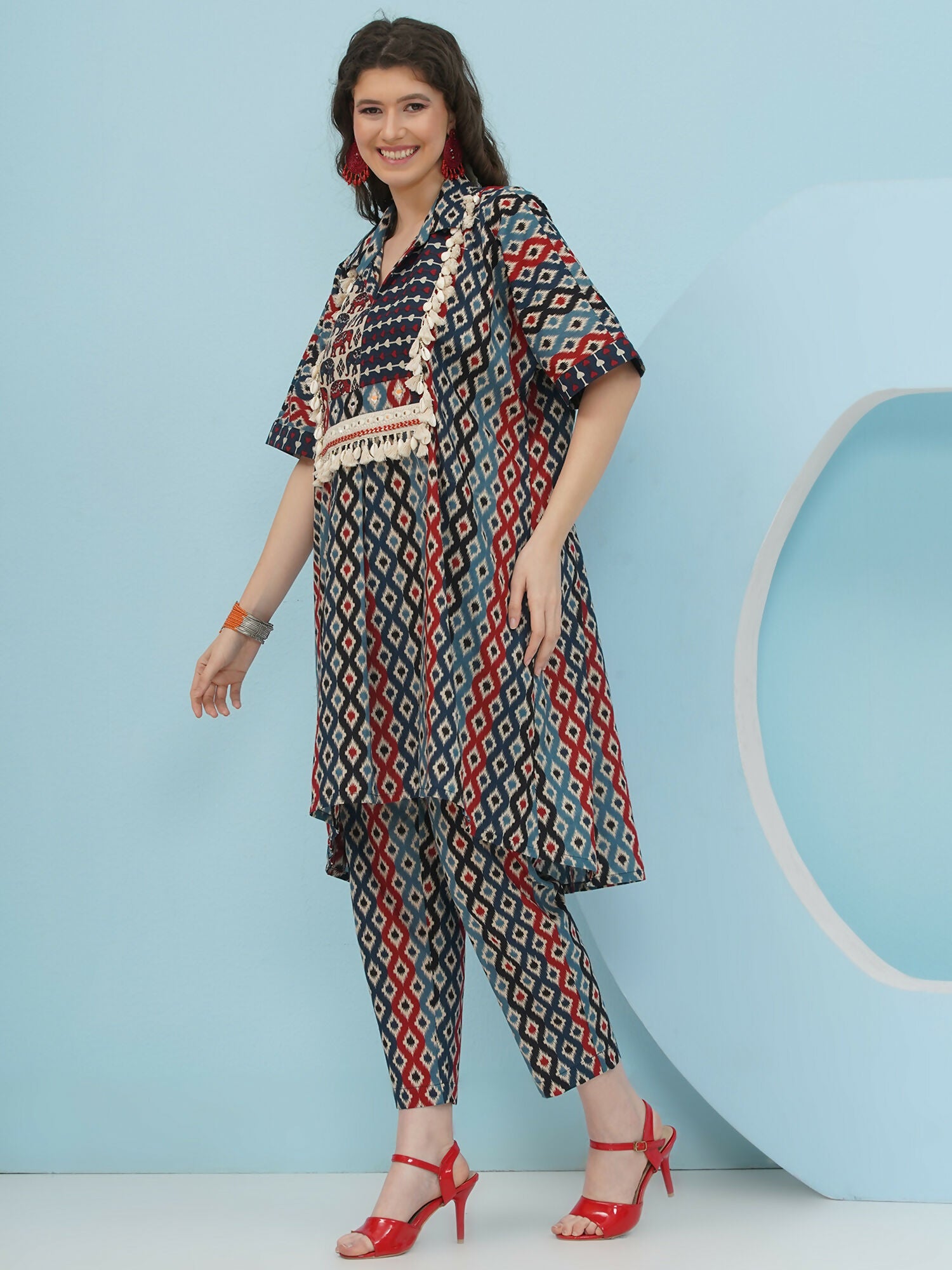 Blue and red cotton Ikkat print kaftan set with matching bottoms