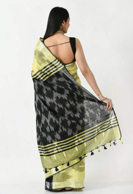 Lemon Yellow and Black Bhagalpuri Handloom Ikat Cotton Saree