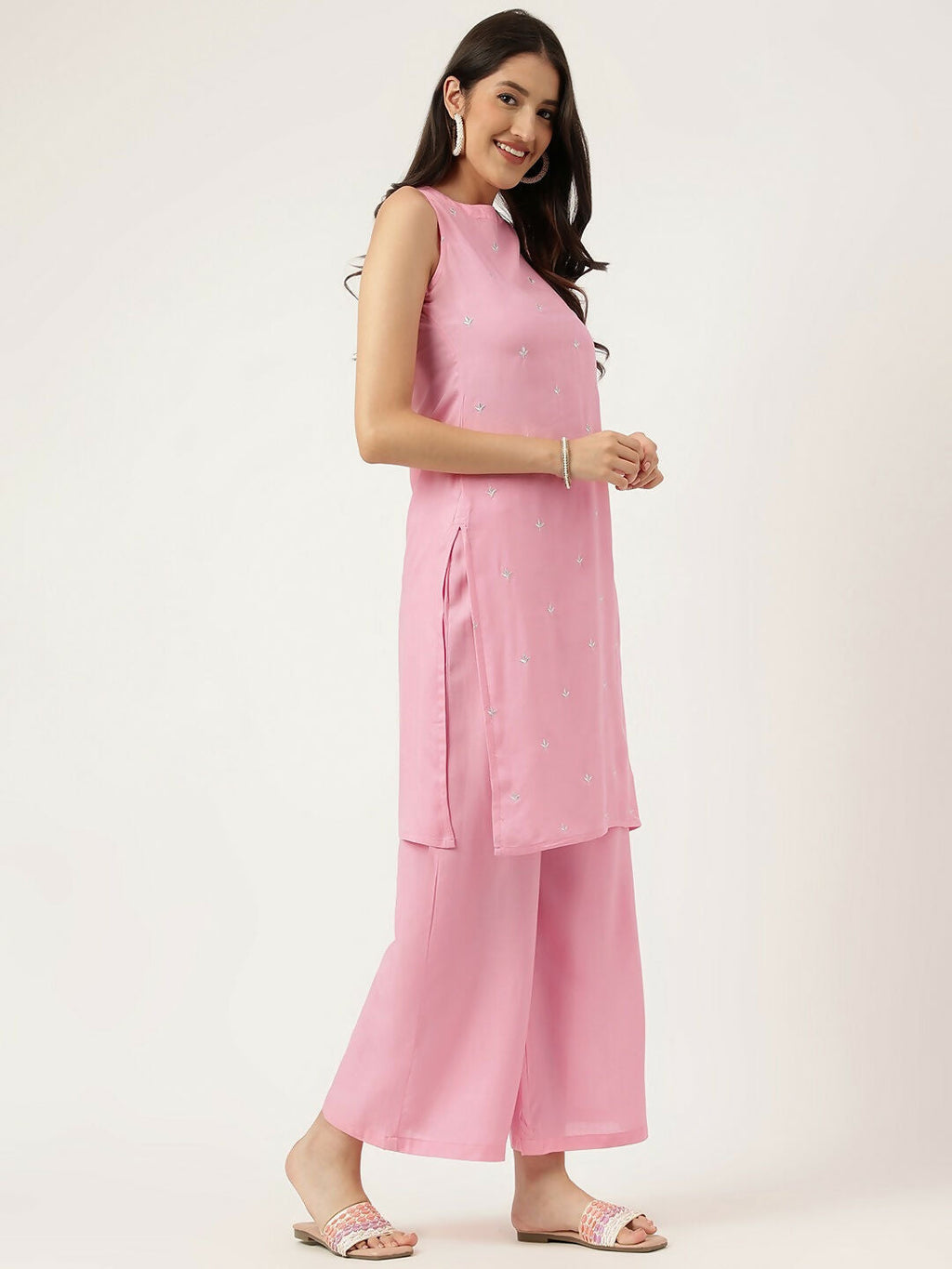 Pink Rayon Straight Kurta and Bottom Set with Embroidery Work