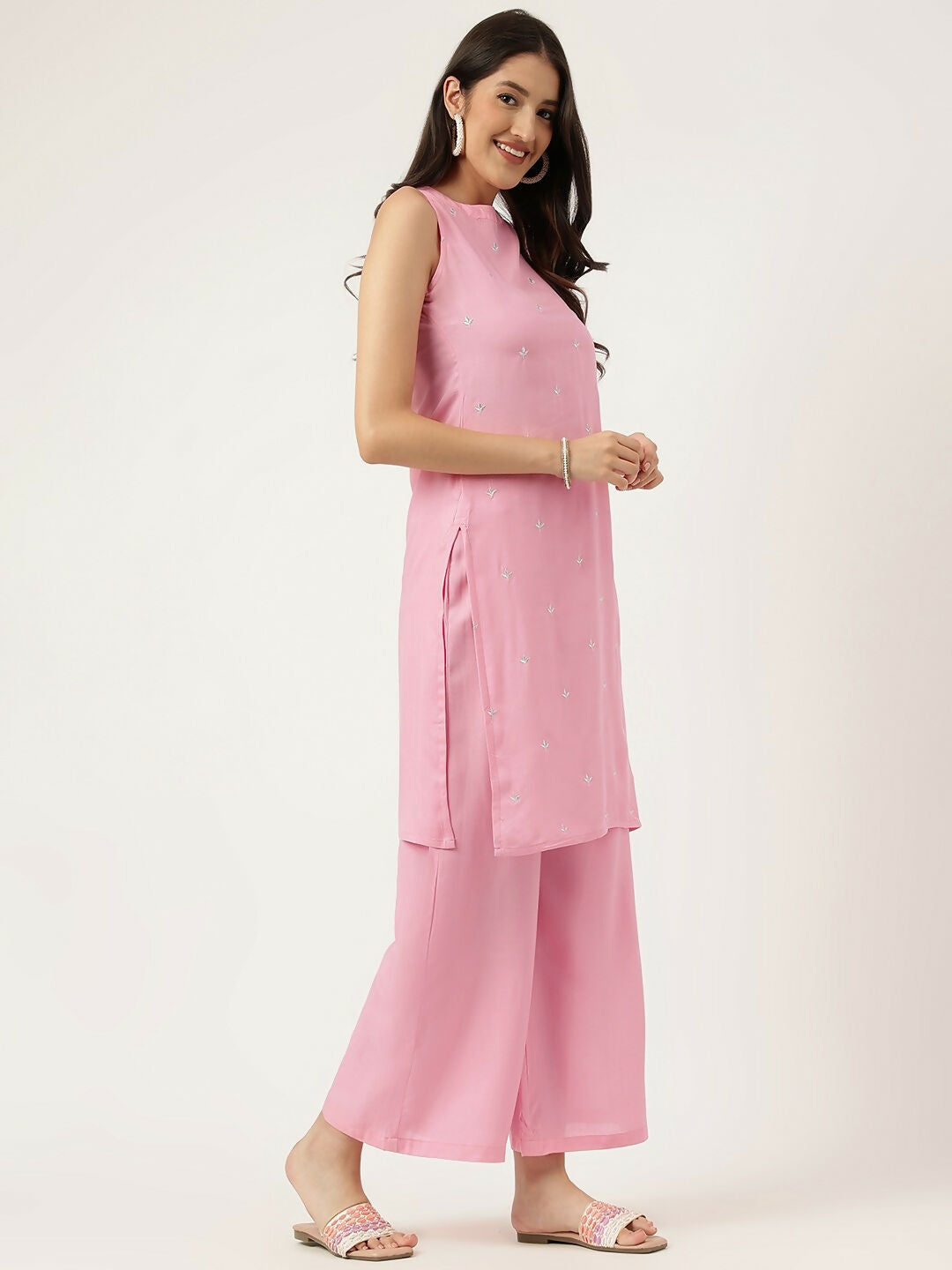 Pink Rayon Straight Kurta and Bottom Set with Embroidery Work