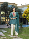 Close-up view of teal blue pure viscose kurta set featuring elegant print and handwork detailing