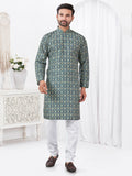 Close up of boys blue printed rayon cotton kurta pyjama set
