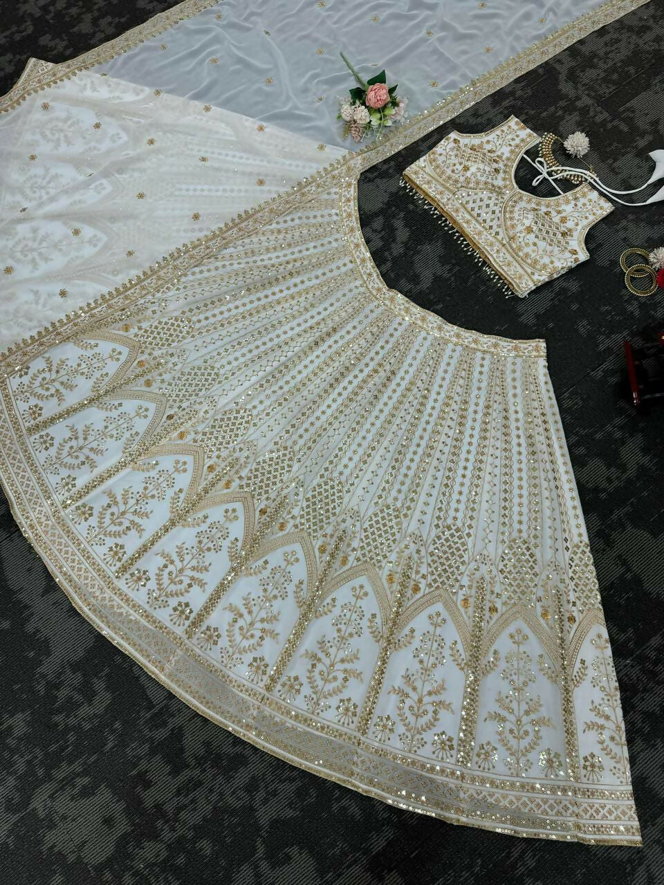 White Faux Georgette Embroidered Lehenga Choli with Sequins