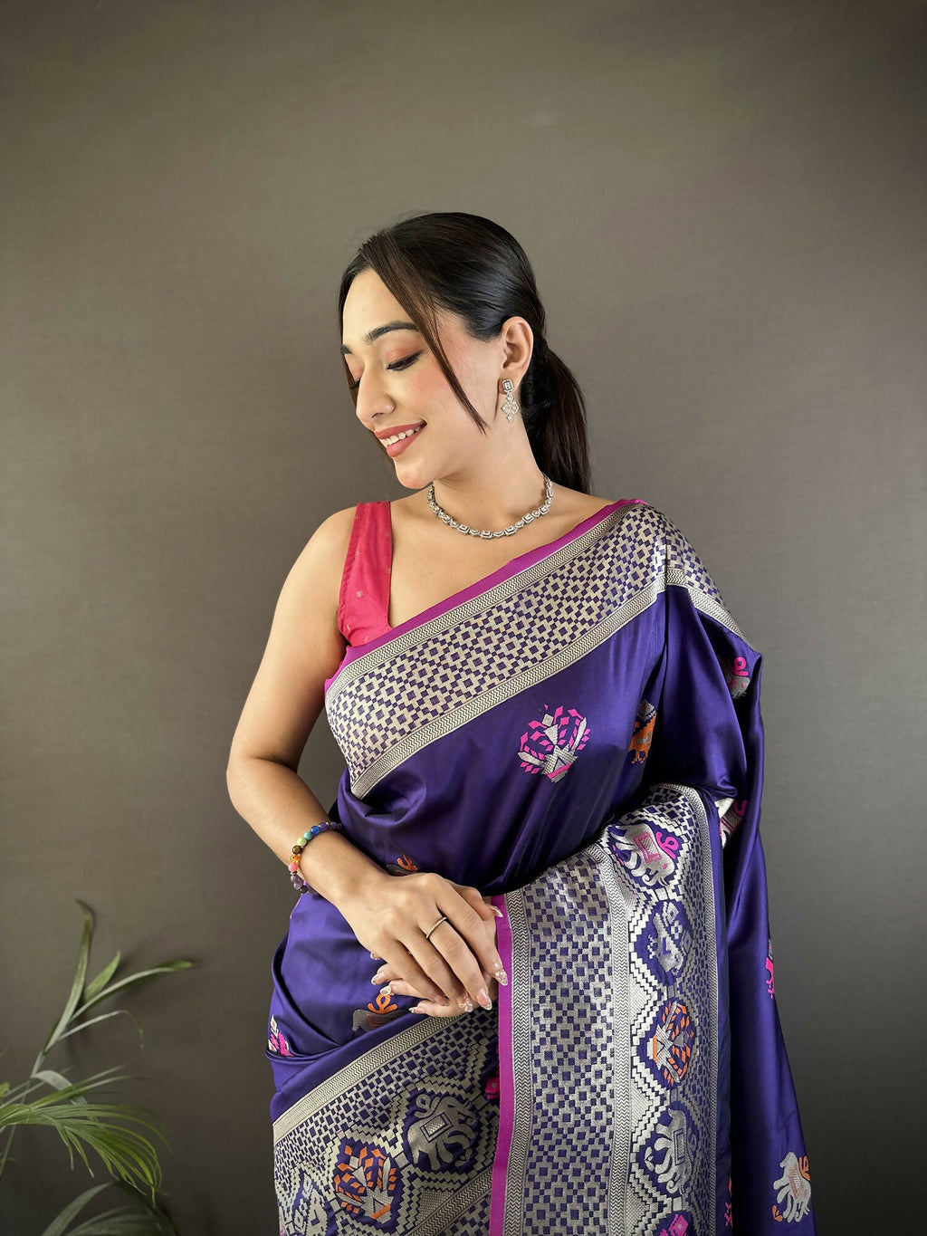 Royal Blue Banarasi Saree with Elephant and Floral Motifs