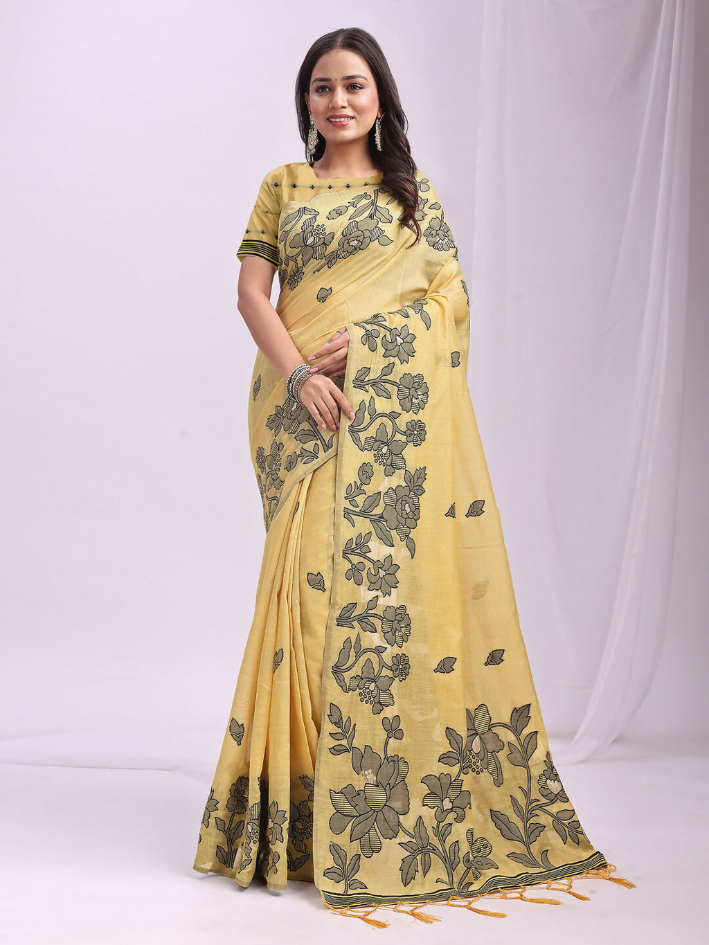 Shree Shyam Fashion Kashira Yellow Linen Cotton Saree