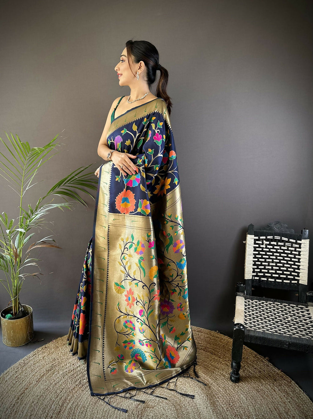 Navy Blue Zari Woven Floral Motif Soft Silk Paithani Saree