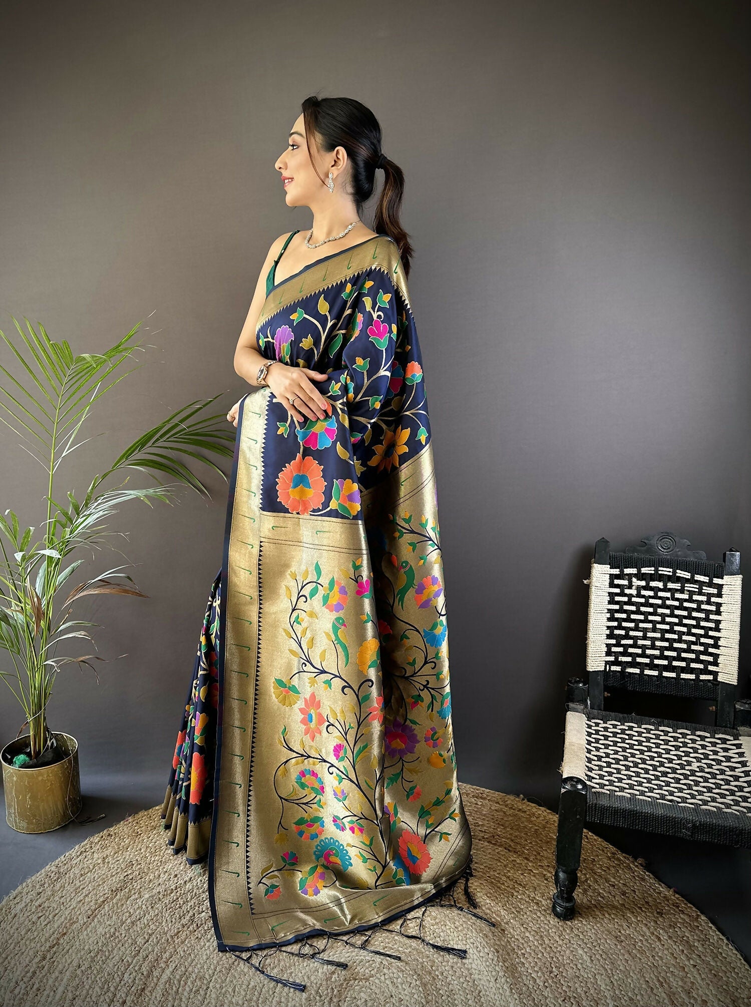 Navy Blue Zari Woven Floral Motif Soft Silk Paithani Saree