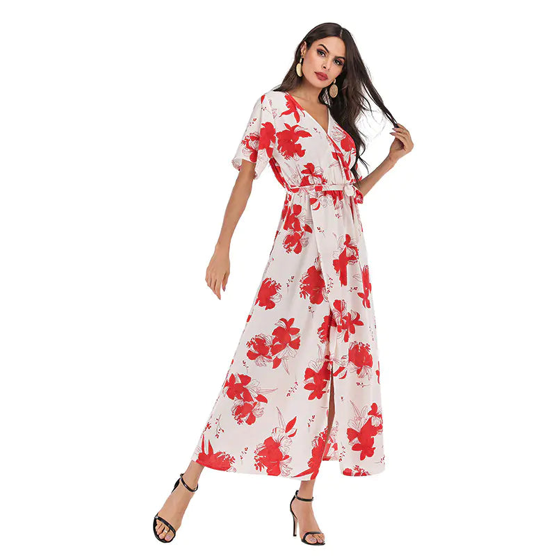 Women's Navy Blue Feather Print V-Neck Summer Maxi Dress - Image 6