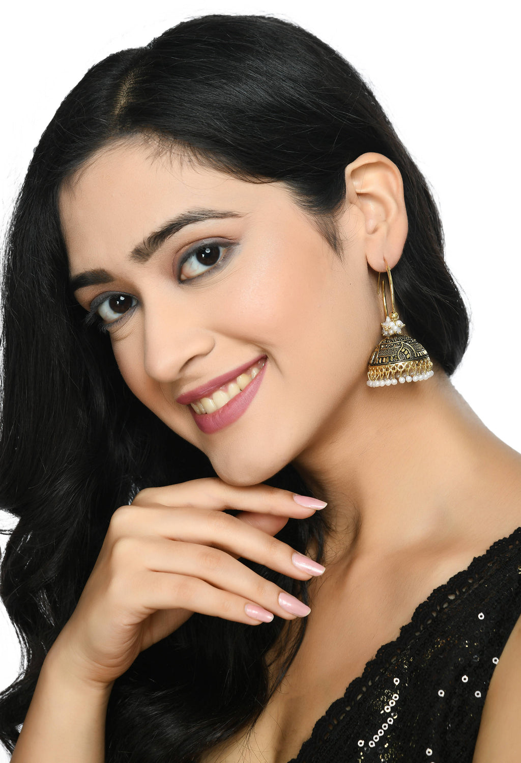 Traditional Golden Jhumka Earrings with Black and White Accents