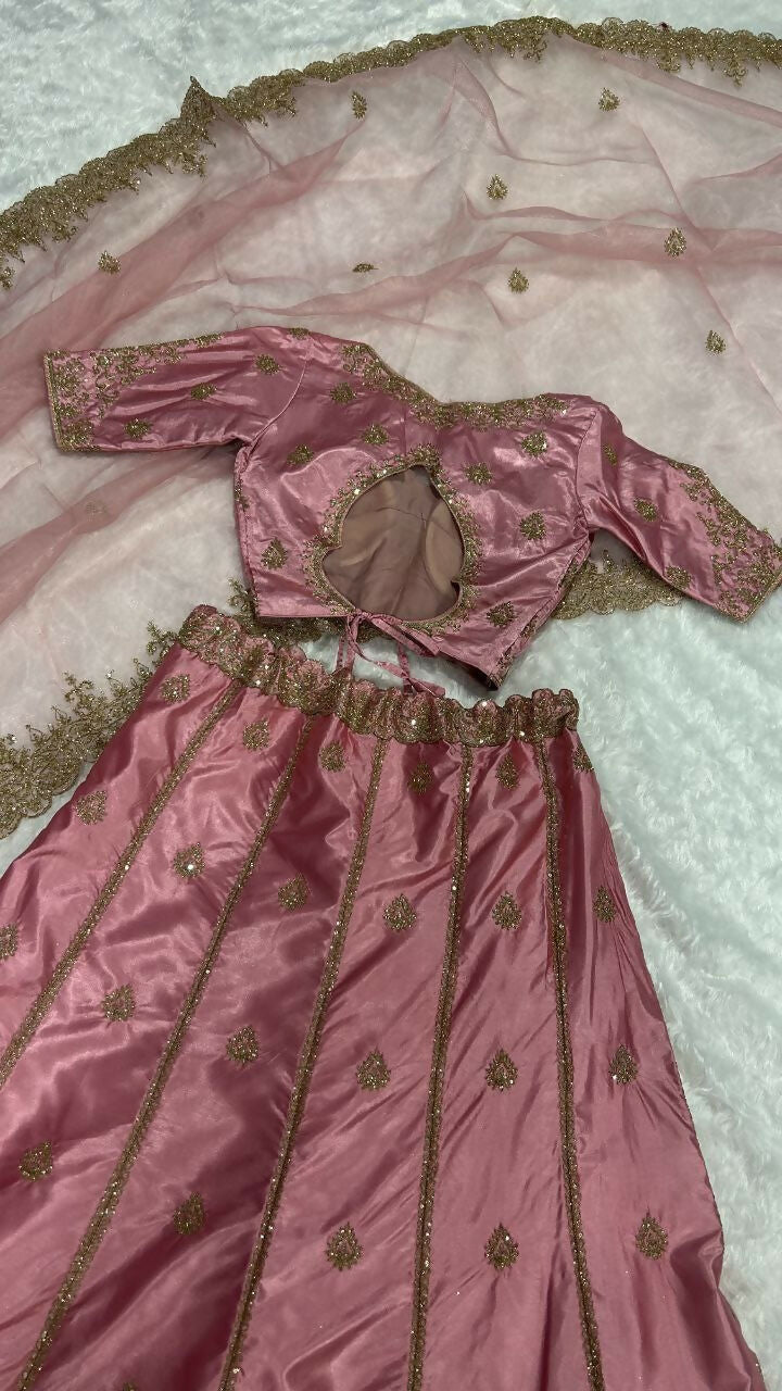 Onion Japan Satin Silk Embroidered Lehenga Choli Set with Sequins