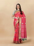 Pink soft silk saree with intricate Patola weaving and rich golden zari border and pallu