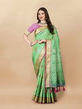 Parrotgreen soft silk saree with intricate Patola weaving and rich golden zari border and pallu