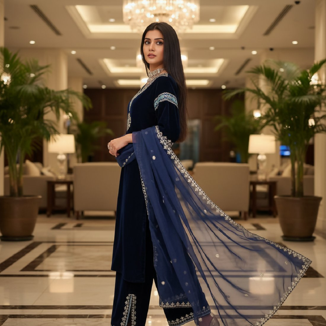 Blue Velvet Kurta Set with Intricate Embroidery and Sequence Work